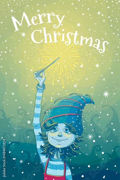Fototapeta Vector Christmas card. Cartoon character elf, against the background of a spruce forest, holds a sparkler, fireworks. For postcards, posters, greeting calendars and other goods