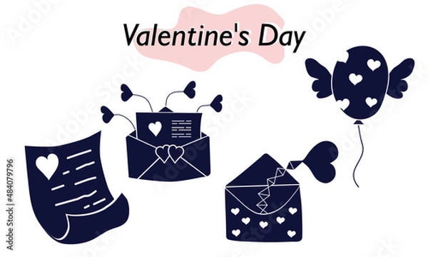 Obraz A set of items for Valentines Day. Envelopes, valentines, letters. Icons. In a solid version, in one color. A symbol of love and a Valentines Day holiday. Vector illustration.