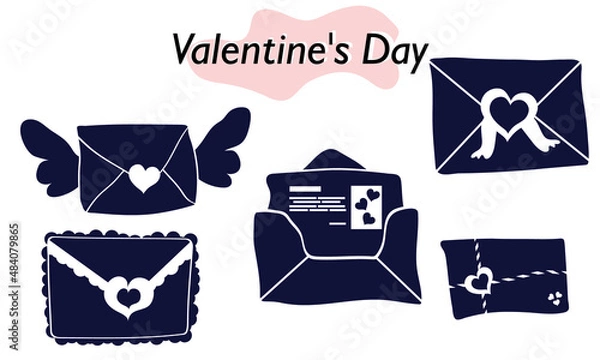 Obraz A set of items for Valentines Day. Envelopes, valentines, letters. Icons. In a solid version, in one color. A symbol of love and a Valentines Day holiday. Vector illustration.