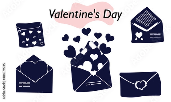 Obraz A set of items for Valentines Day. Envelopes, valentines, letters. Icons. In a solid version, in one color. A symbol of love and a Valentines Day holiday. Vector illustration.