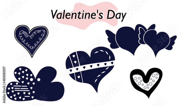 Obraz A set of items for Valentines Day. Envelopes, valentines, letters. Icons. In a solid version, in one color. A symbol of love and a Valentines Day holiday. Vector illustration.