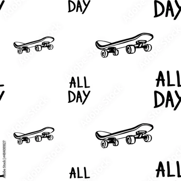 Obraz Skateboarding all day doodle pattern. Seamless background with skateboards. Black line art icon. Cute cartoon kids teens design. Outline drawing logo minimal style.