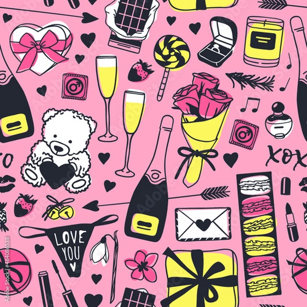 Fototapeta Hand drawn Fashion Seamles pattern with Romantic Objects. Creative ink art work. Actual vector drawing of Holiday things. Happy Valentine's Day  Illustration