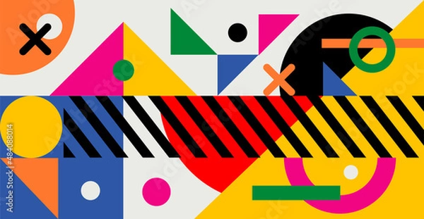 Fototapeta Abstract geometric background. Bauhaus, Memphis minimalist retro poster graphic vector illustration. Abstract trendy pattern of square and round shapes.