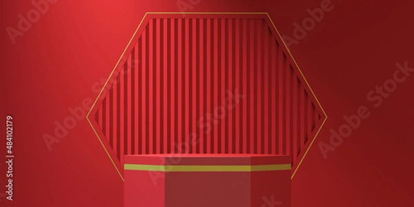 Fototapeta 3d abstract background chinese style with product podium mockup on red background,3d render illustration