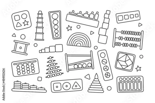 Fototapeta Montessori education logic toys. Children wooden toys for preschool kids. Montessori system for early childhood development. Multicolored sorters. Hand drawn vector illustrations on white background.