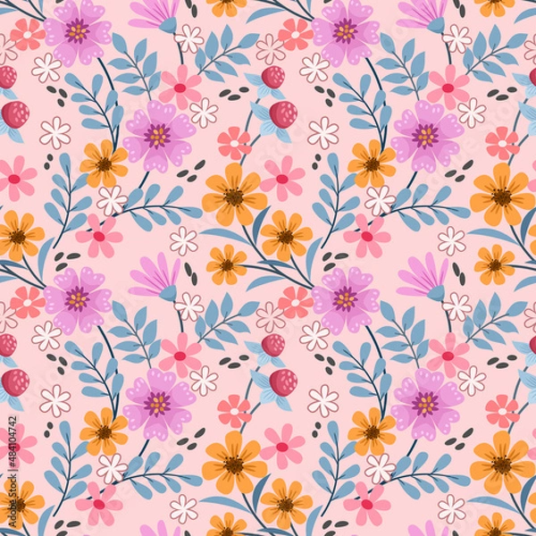 Fototapeta Colorful hand draw flowers seamless pattern for fabric textile wallpaper.