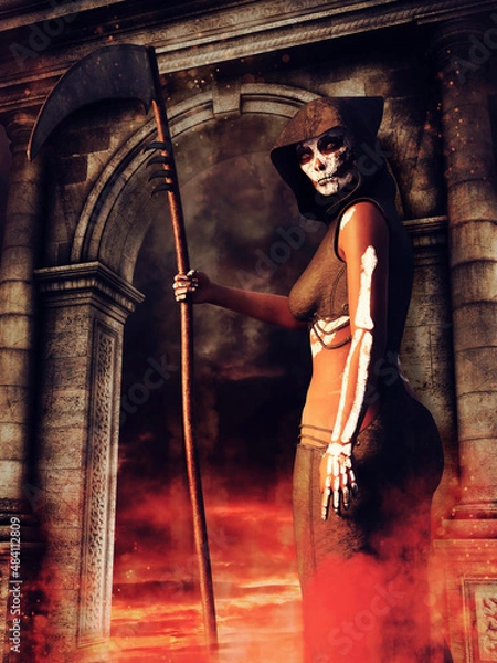 Fototapeta Fantasy lady death with a skeletal make-up holding a scythe and standing at a gate. 3D render - the woman is a 3D object.