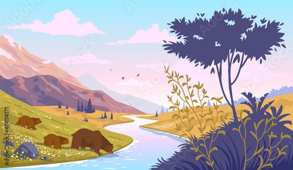 Obraz bears by the river sunset