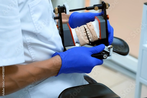 Obraz Orthodontist is working with jaw mold in dental facebow process of prosthetics. Orthodontic treatment in dentistry, prosthetics. Bite and joint, occlusion correction before installing veneers crowns.