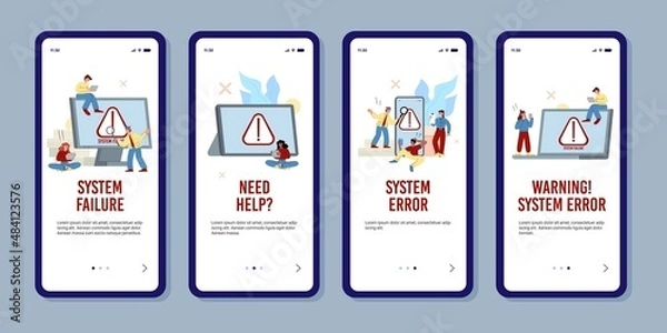 Fototapeta Onboarding app pages warning of operating system error, flat vector illustration.