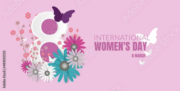 Obraz International Women's Day. Number 8 decorated with flowers and butterflies on pink background.Vector,Illustration eps10