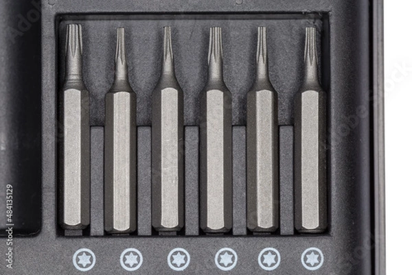 Fototapeta Set of interchangeable torx bits for screwdriver in case, top view