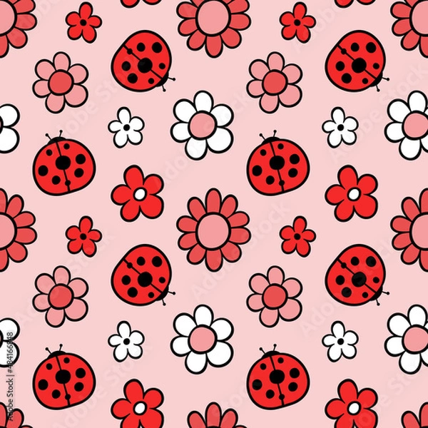 Obraz seamless pattern with flowers and ladybugs. doodle drawing. spring meadow vector illustration. floral pattern in pink color.