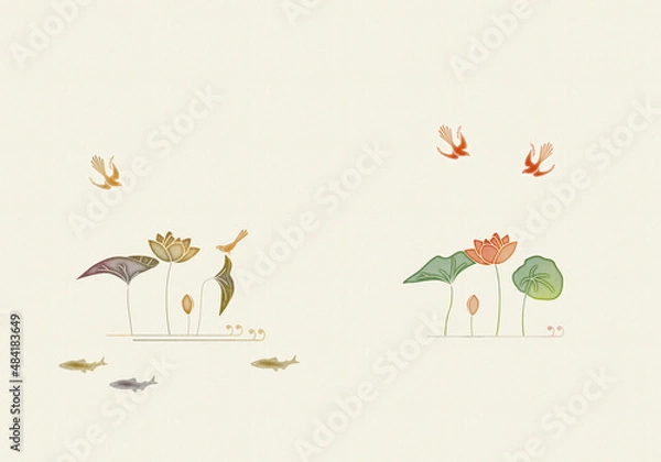 Fototapeta 蓮の花と生き物　セキレイ　魚　水辺の情景　２通りの配色デザイン