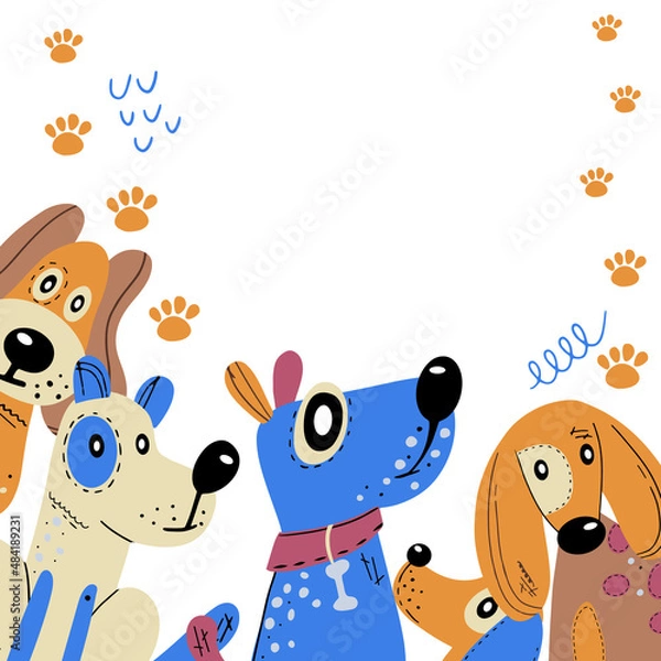 Fototapeta Poster frame with dogs of different breeds. Abstract elements drawn by hand. Vector card, poster or holiday invitation