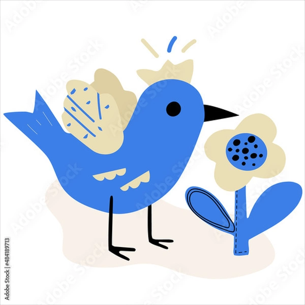 Fototapeta Postcard with a funny bird in the style of a child's drawing. Vector flat illustration