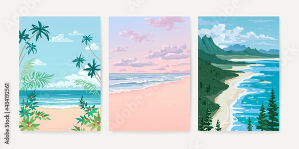 Fototapeta Set of nature landscape background. Hand drawn card, poster, banner or cover design template with tropical beach and forest. Vector illustration