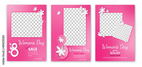 Fototapeta Set of Womens Day Sale social media post template. Web banner, flyer or poster.Social media post templates for women's day.Square social media banner post template.With place for the photos.