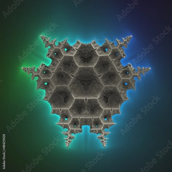 Fototapeta An isolated 3D fractal object of a Sierpinski recursion with a dark background and colorful halo effect. (3D Rendering)