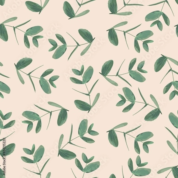 Fototapeta Seamless pattern with different branches of Eucalyptus Silver Dollar on a beige background. Illustration of greenery, foliage and natural leaves. Template for floral textile design.
