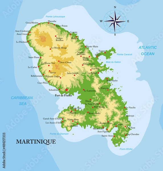 Obraz Martinique island highly detailed physical map