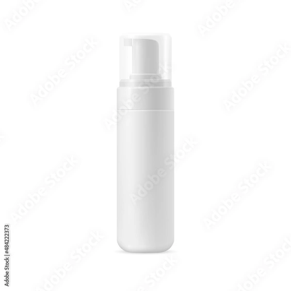 Fototapeta Vector mockup of a white container for facial cleanser. Realistic 3D illustration of a plastic bottle with a cap for cosmetics. Front view.