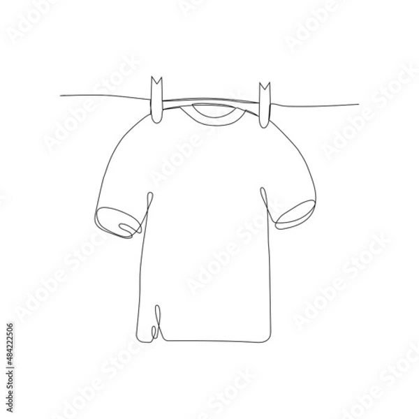 Fototapeta Continuous line drawing cloth, the T-shirt is drying on a rope, one line drawing. Vector illustration.