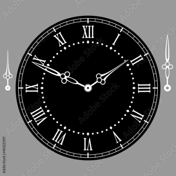 Fototapeta Round black dial with Roman numerals and hands. Vector illustration