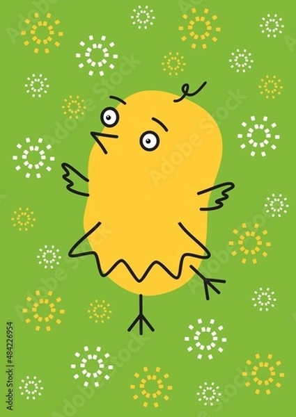 Obraz Easter cartoon chick on green background. Easter poster vector image. Line art