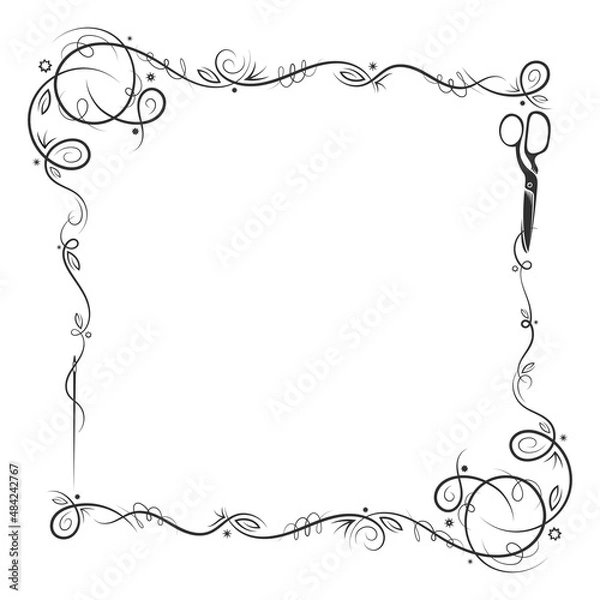 Obraz Decorative frame with sewing needle and scissors pattern. Sewing and tailoring design