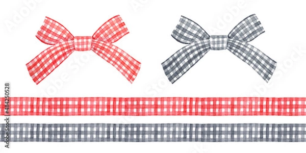 Obraz Watercolour illustration collection of seamless repeatable gingham ribbons and gift bows in red and black colors. Hand painted graphic drawing, isolated objects for print, card, banner, invitation.