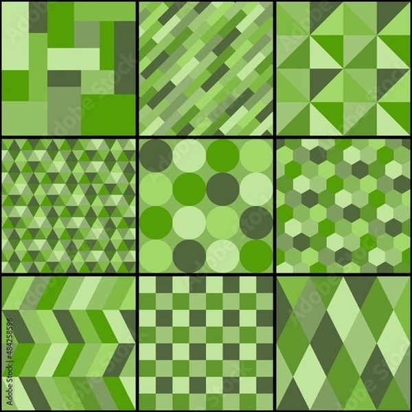 Fototapeta Patchwork from nine square patterns in green colors. Vector drawing.
