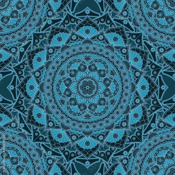 Fototapeta Seamless pattern with floral mandala in dark blue colors. Vector desugn.
