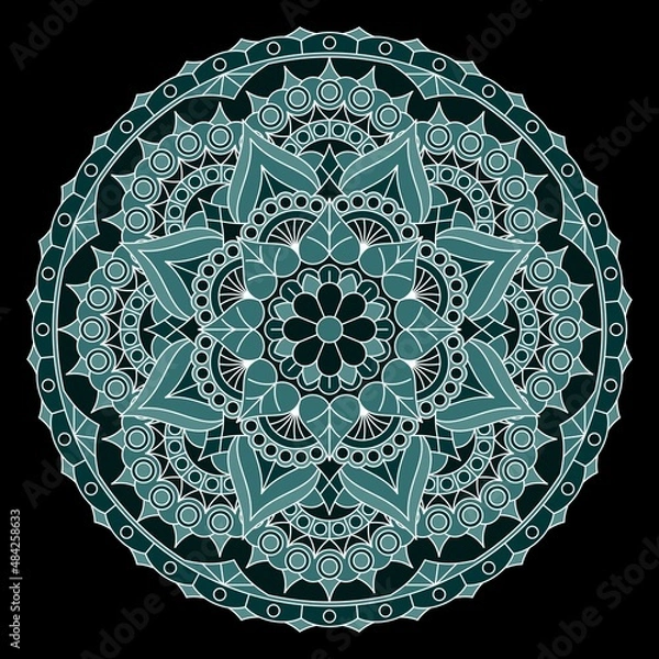 Fototapeta Beautiful mandala with floral pattern in dark colours, isolated on black background. Vector design.