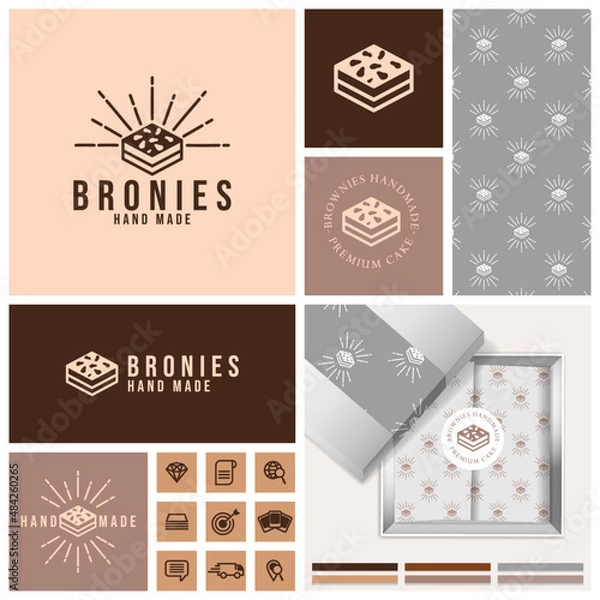 Obraz vintage brownies cake logo with seamless pattern and template set