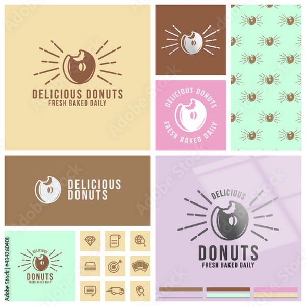 Obraz vintage donuts logo with seamless pattern and mockup