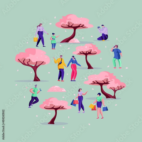 Fototapeta People walking in spring park with blossom. Spend and enjoy time outdoor between trees. Funny cartoon illustration in vector. Round shape. Circle concept, template for party, event, concert.