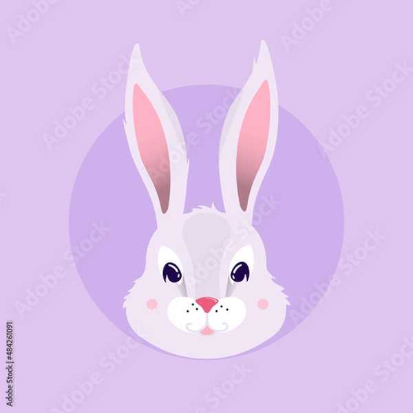 Fototapeta Cute easter bunny in round shape. Vector realistic rabbit on a purple, violet background. Funny cartoon illustration. Circle concept, template for card, invitation, poster, event, greeting.