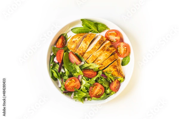 Fototapeta Grilled chicken breast with geen salad from fresh vegetable salad