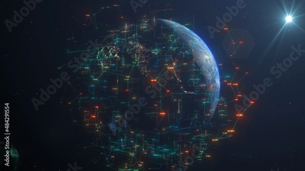 Obraz Global technology networks using cybersecurity big data connectivity cloud computing internet of things IOT - Conceptual 3D Illustration Render