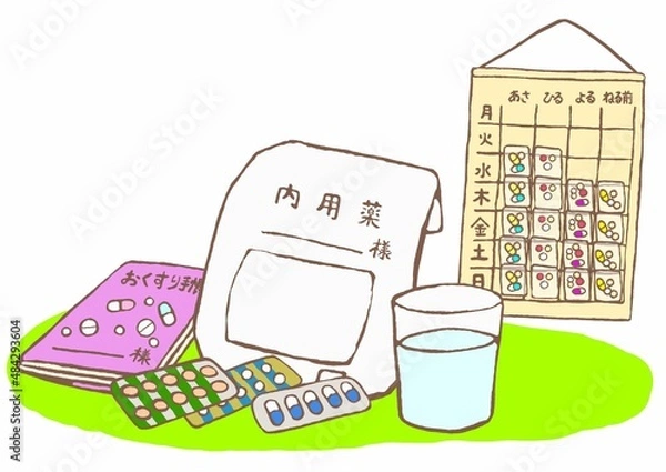 Obraz ヒートに入った抗精神病薬　お薬手帳　お薬カレンダー　コップに入った水