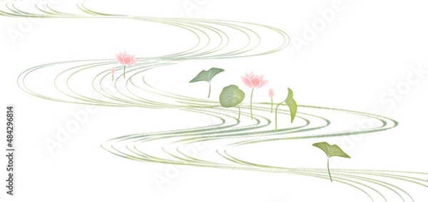 Fototapeta ピンクの蓮の花　流水　水辺の情景　夏　グラフィック素材