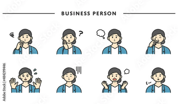 Fototapeta 女性社員の表情とジェスチャーのイラスト素材セット