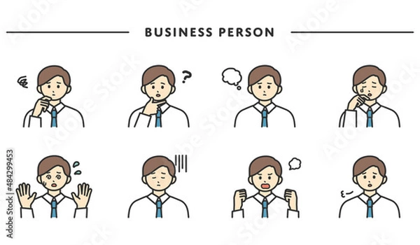 Obraz 男性社員の表情とジェスチャーのイラスト素材セット