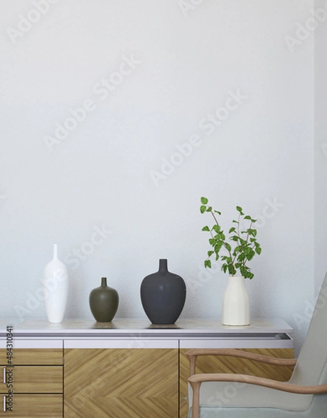 Fototapeta Wall mock up in living room. Scandinavian interior. 3d rendering, 3d illustration