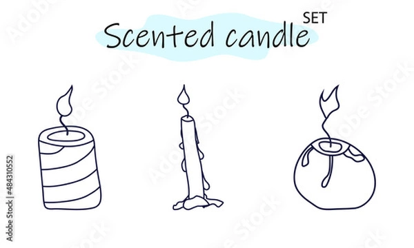 Obraz A set of scented candles with a burning fire. Candles for interior, lighting and romantic dates. Aromatherapy. Vector illustration in linear design on a white background.