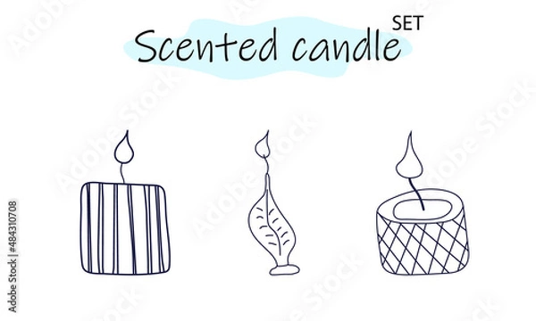 Fototapeta A set of scented candles with a burning fire. Candles for interior, lighting and romantic dates. Aromatherapy. Vector illustration in linear design on a white background.