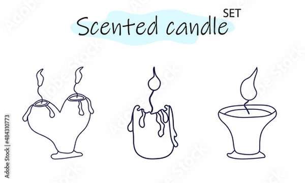 Obraz A set of scented candles with a burning fire. Candles for interior, lighting and romantic dates. Aromatherapy. Vector illustration in linear design on a white background.