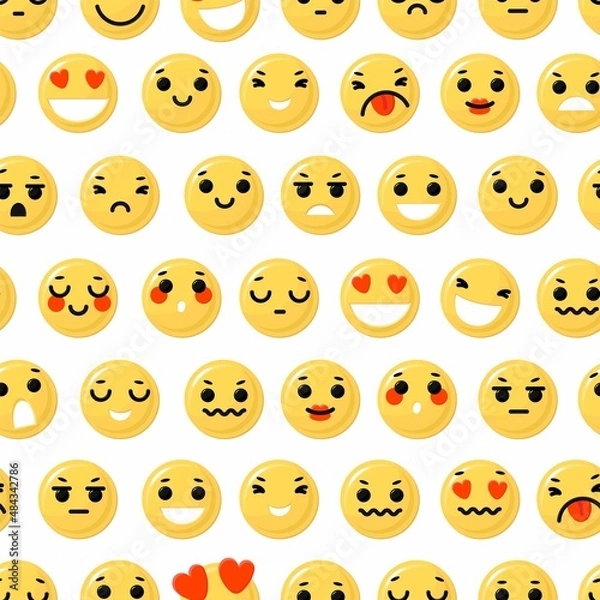 Fototapeta Seamless pattern with Different emotions. Paper and textile design. Funny yellow emoticon faces with facial expressions. Flat style in vector illustration.
